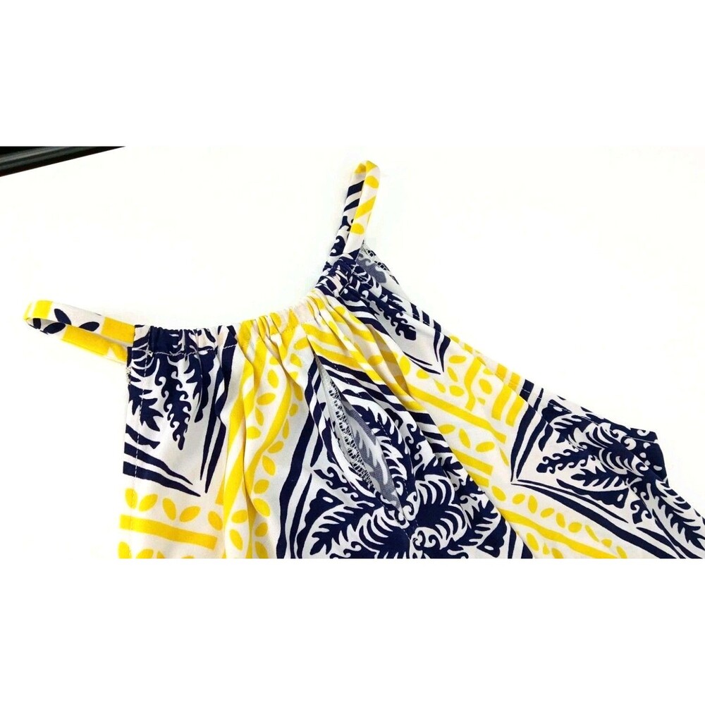Coastal Mediterranean Halter Sheath Dress Blue Yellow Tile Print Preppy Resort 6 - Picture 5 of 11